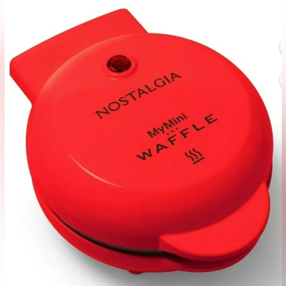 New Nostalgia Mini Electric Heart Waffle Maker, Red with Spatula Set